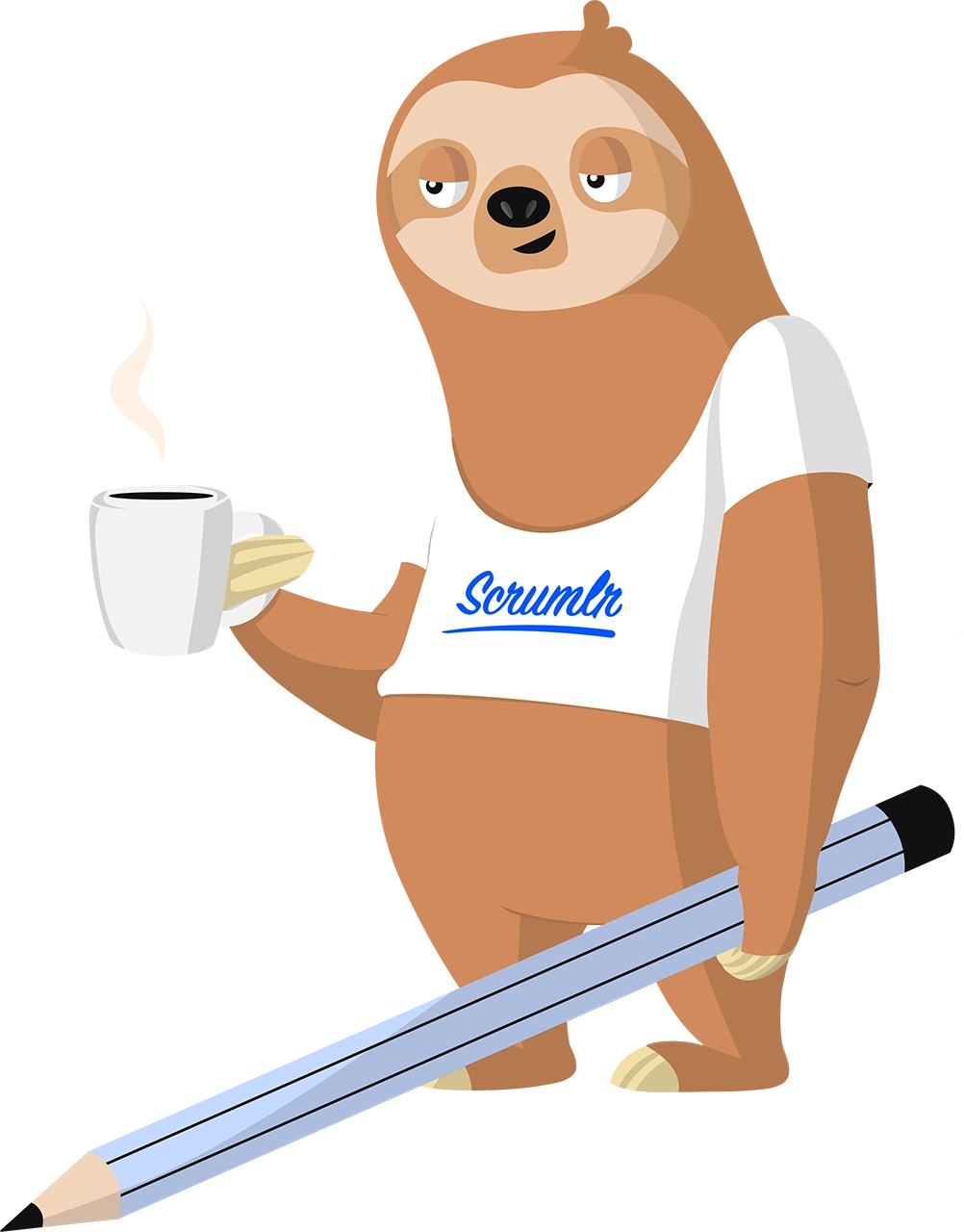 The sloth Stan with a cup of coffee and a pencil